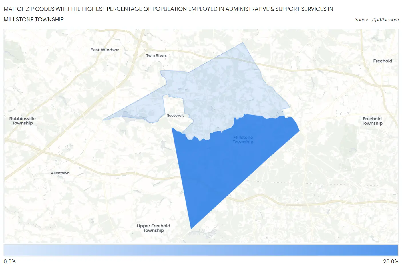 Zip Codes with the Highest Percentage of Population Employed in Administrative & Support Services in Millstone Township Map