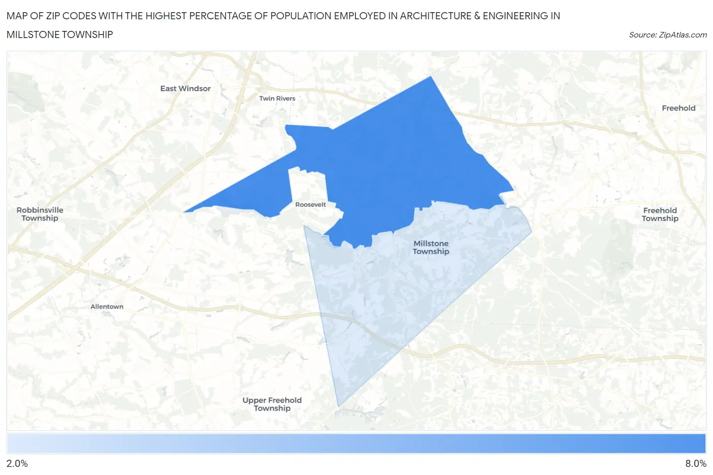 Zip Codes with the Highest Percentage of Population Employed in Architecture & Engineering in Millstone Township Map