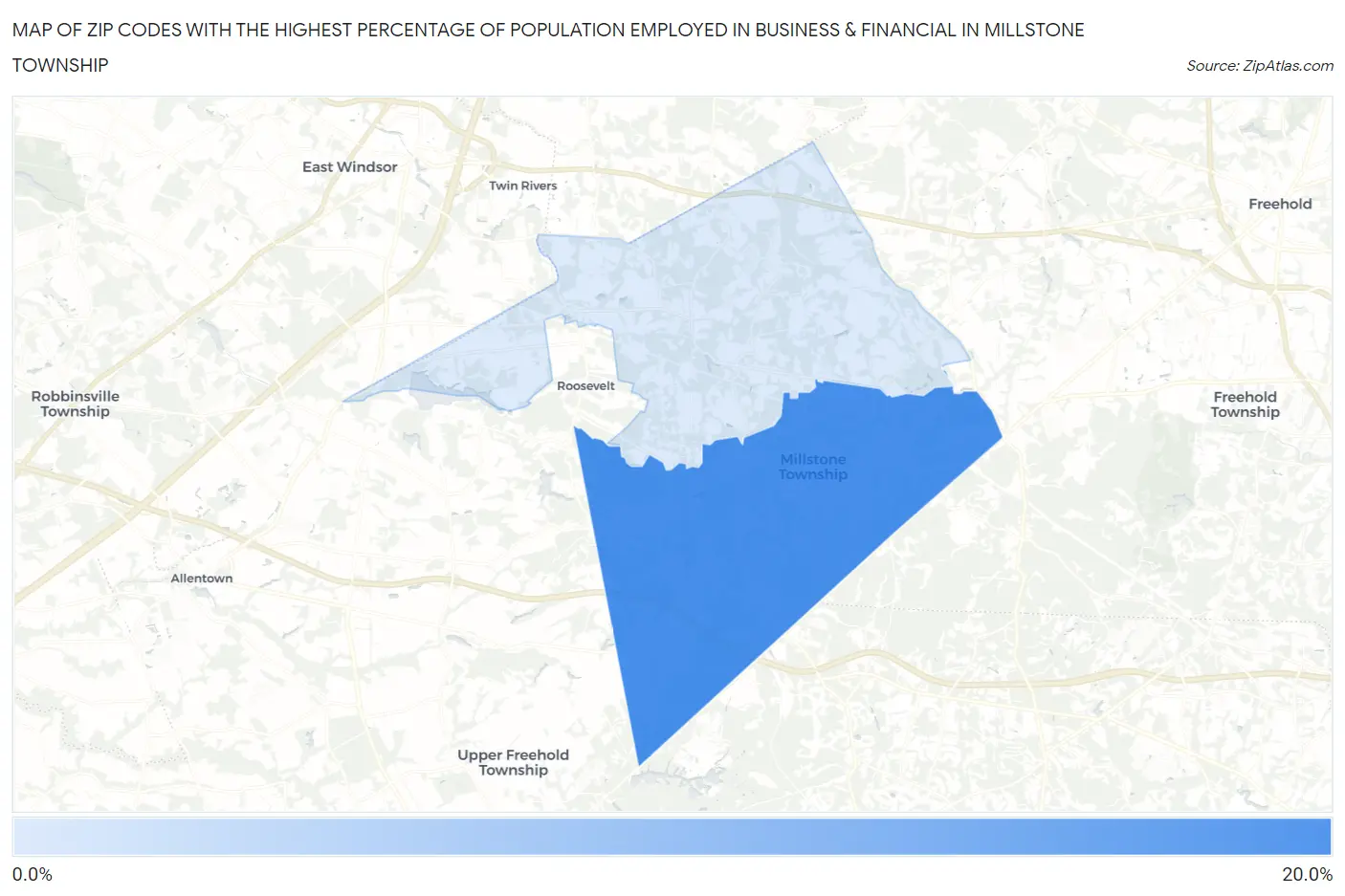 Zip Codes with the Highest Percentage of Population Employed in Business & Financial in Millstone Township Map