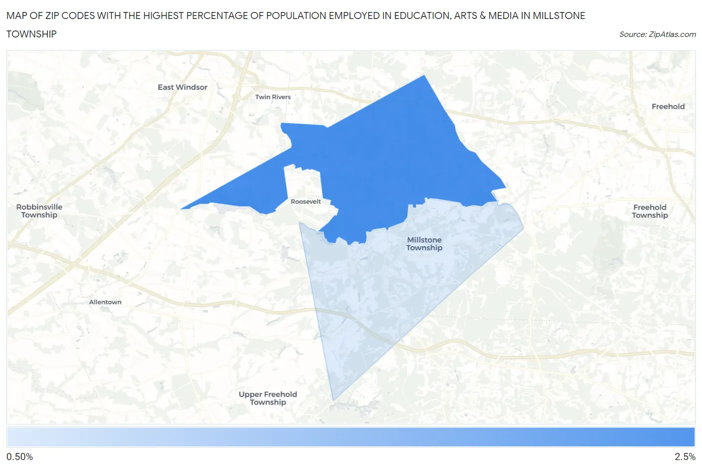 Zip Codes with the Highest Percentage of Population Employed in Education, Arts & Media in Millstone Township Map