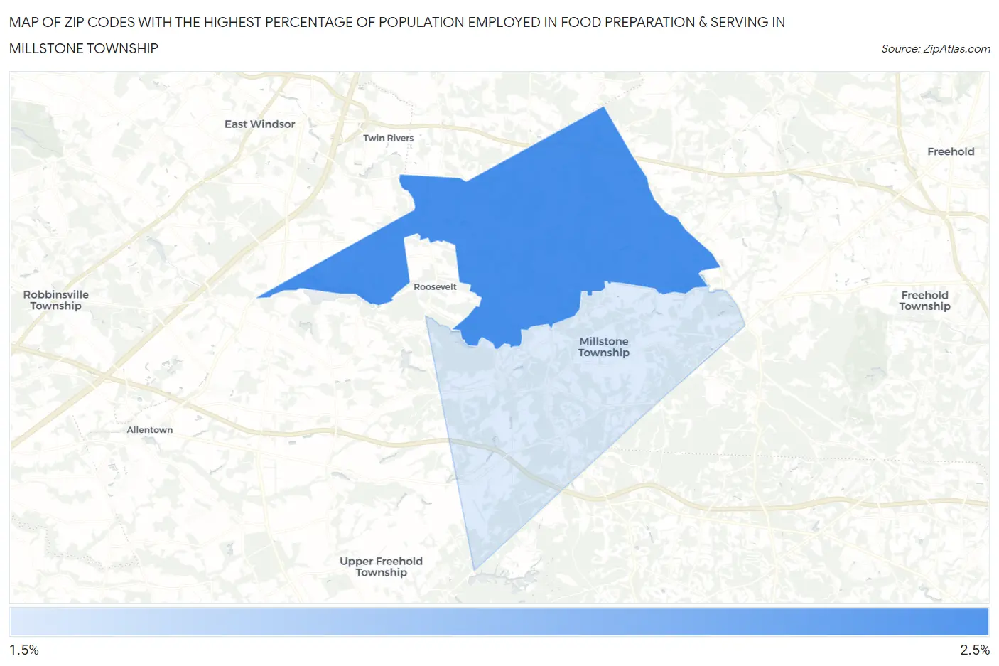 Zip Codes with the Highest Percentage of Population Employed in Food Preparation & Serving in Millstone Township Map