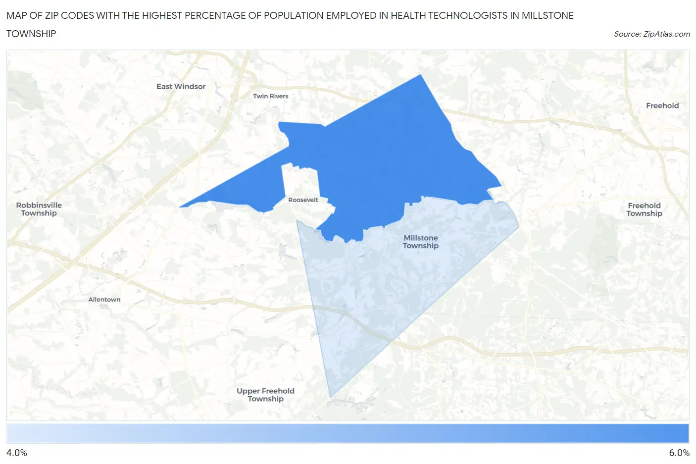 Zip Codes with the Highest Percentage of Population Employed in Health Technologists in Millstone Township Map