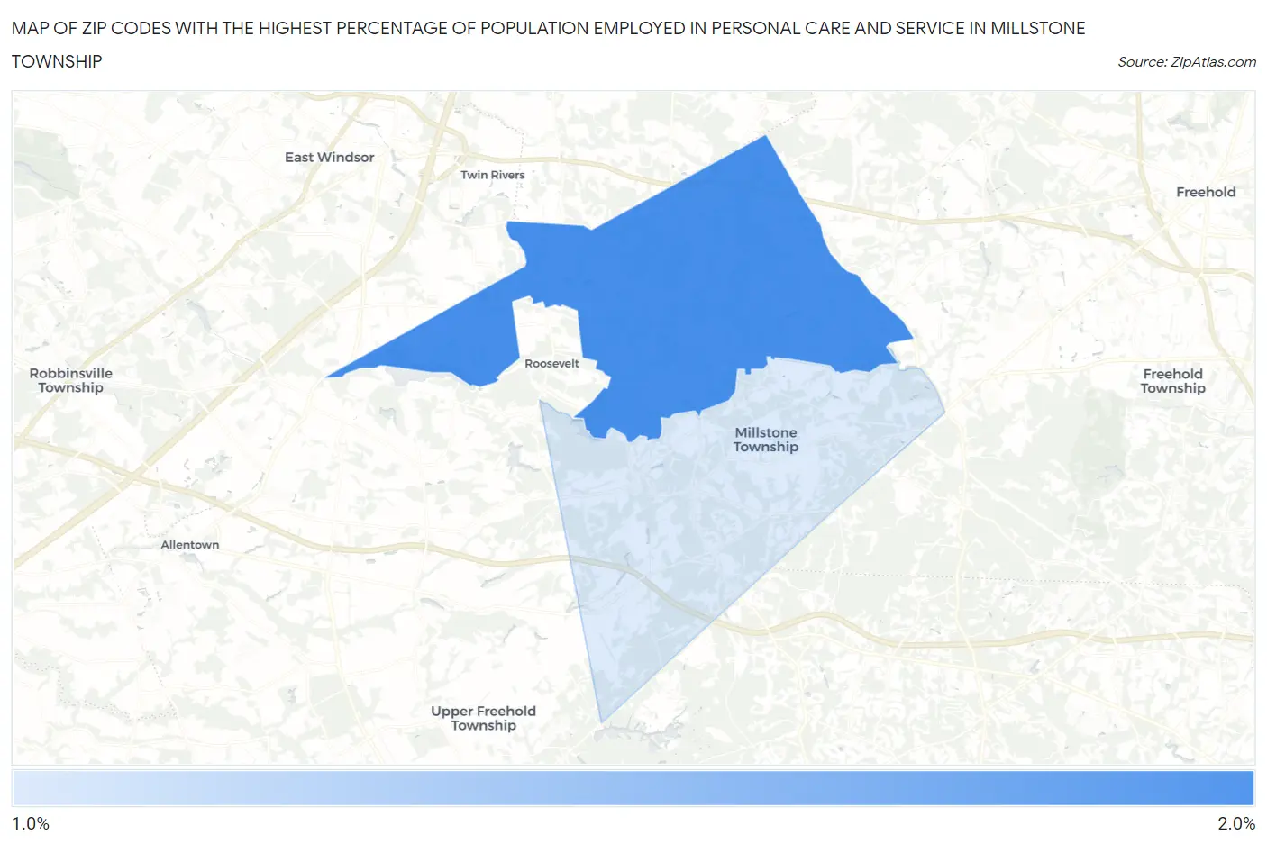 Zip Codes with the Highest Percentage of Population Employed in Personal Care and Service in Millstone Township Map