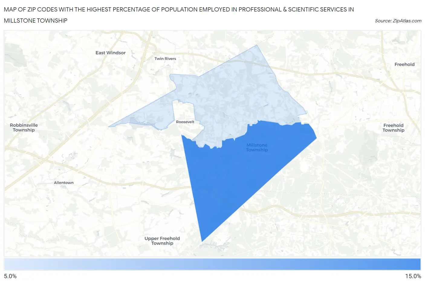 Zip Codes with the Highest Percentage of Population Employed in Professional & Scientific Services in Millstone Township Map