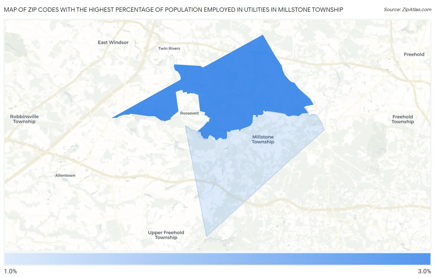 Zip Codes with the Highest Percentage of Population Employed in Utilities in Millstone Township Map