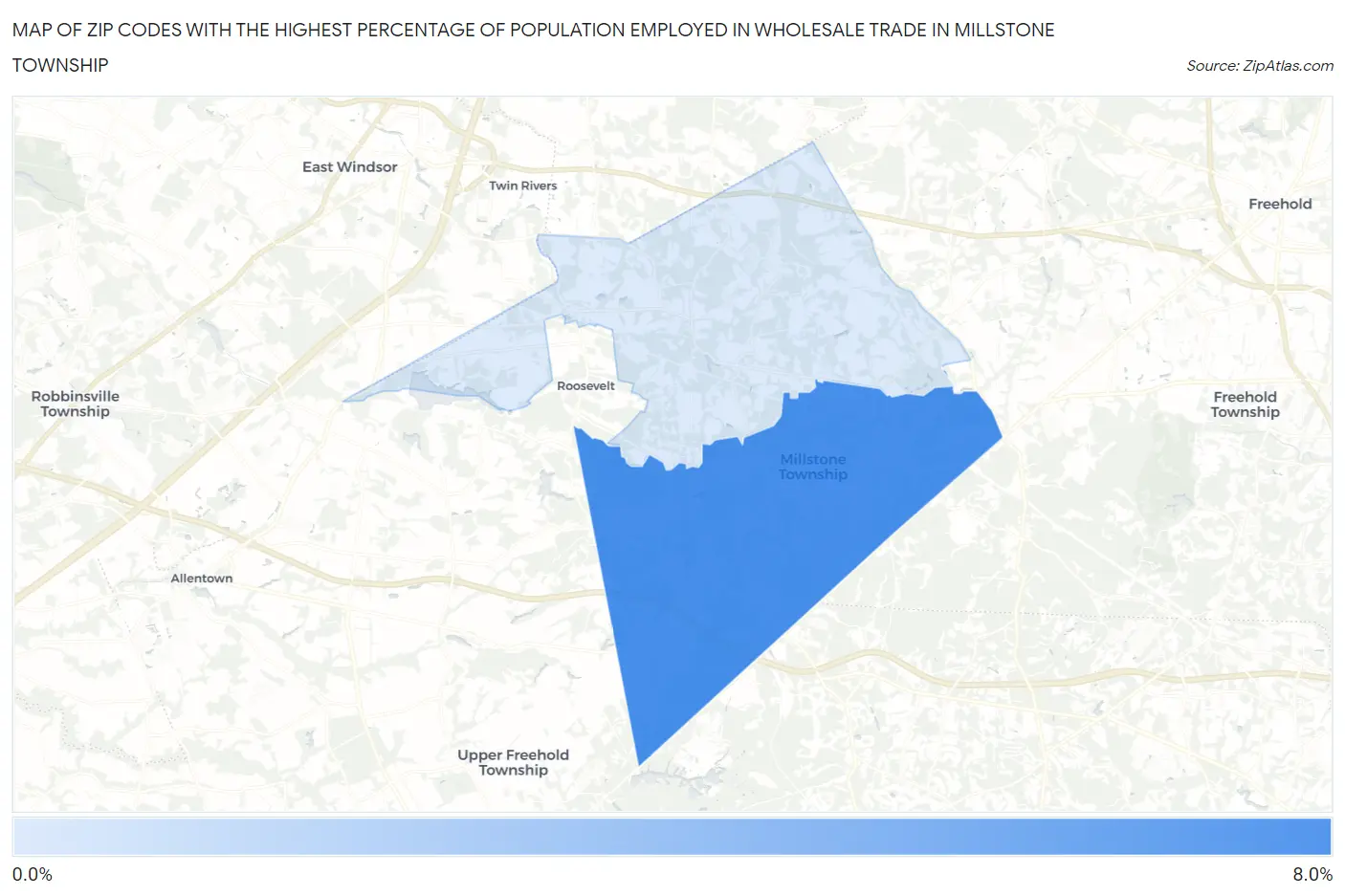 Zip Codes with the Highest Percentage of Population Employed in Wholesale Trade in Millstone Township Map