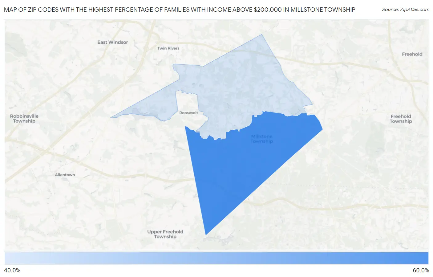 Zip Codes with the Highest Percentage of Families with Income Above $200,000 in Millstone Township Map