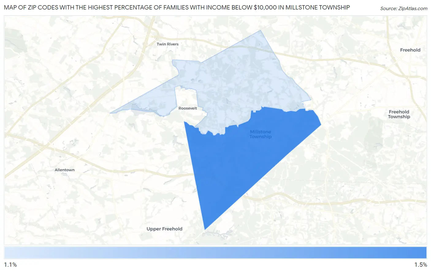 Zip Codes with the Highest Percentage of Families with Income Below $10,000 in Millstone Township Map