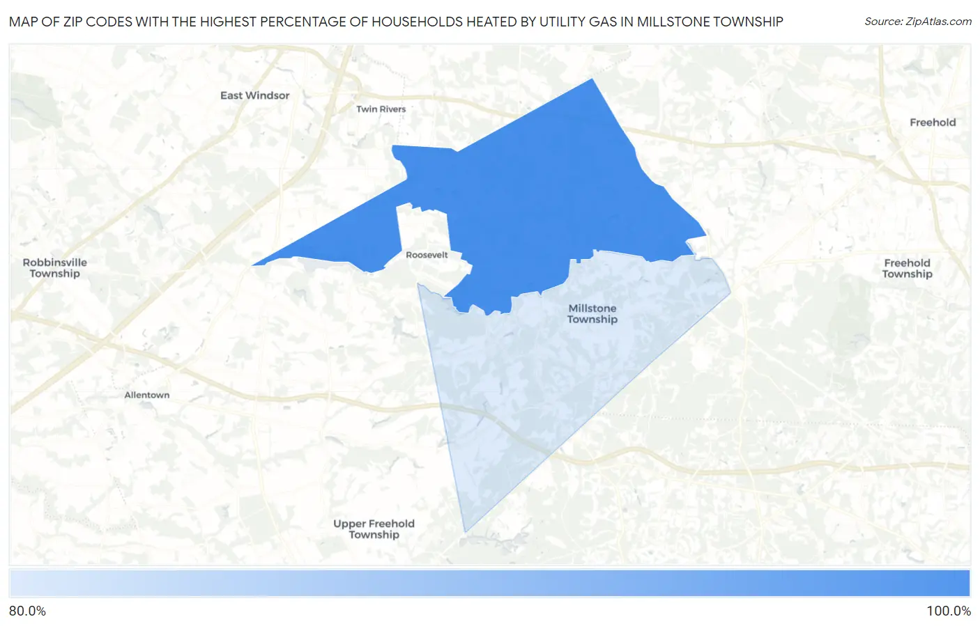 Zip Codes with the Highest Percentage of Households Heated by Utility Gas in Millstone Township Map