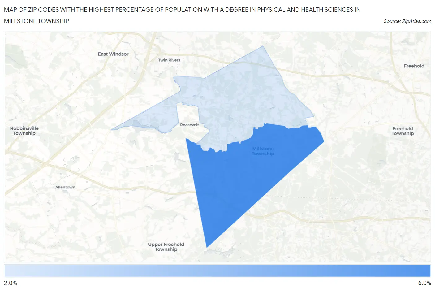 Zip Codes with the Highest Percentage of Population with a Degree in Physical and Health Sciences in Millstone Township Map