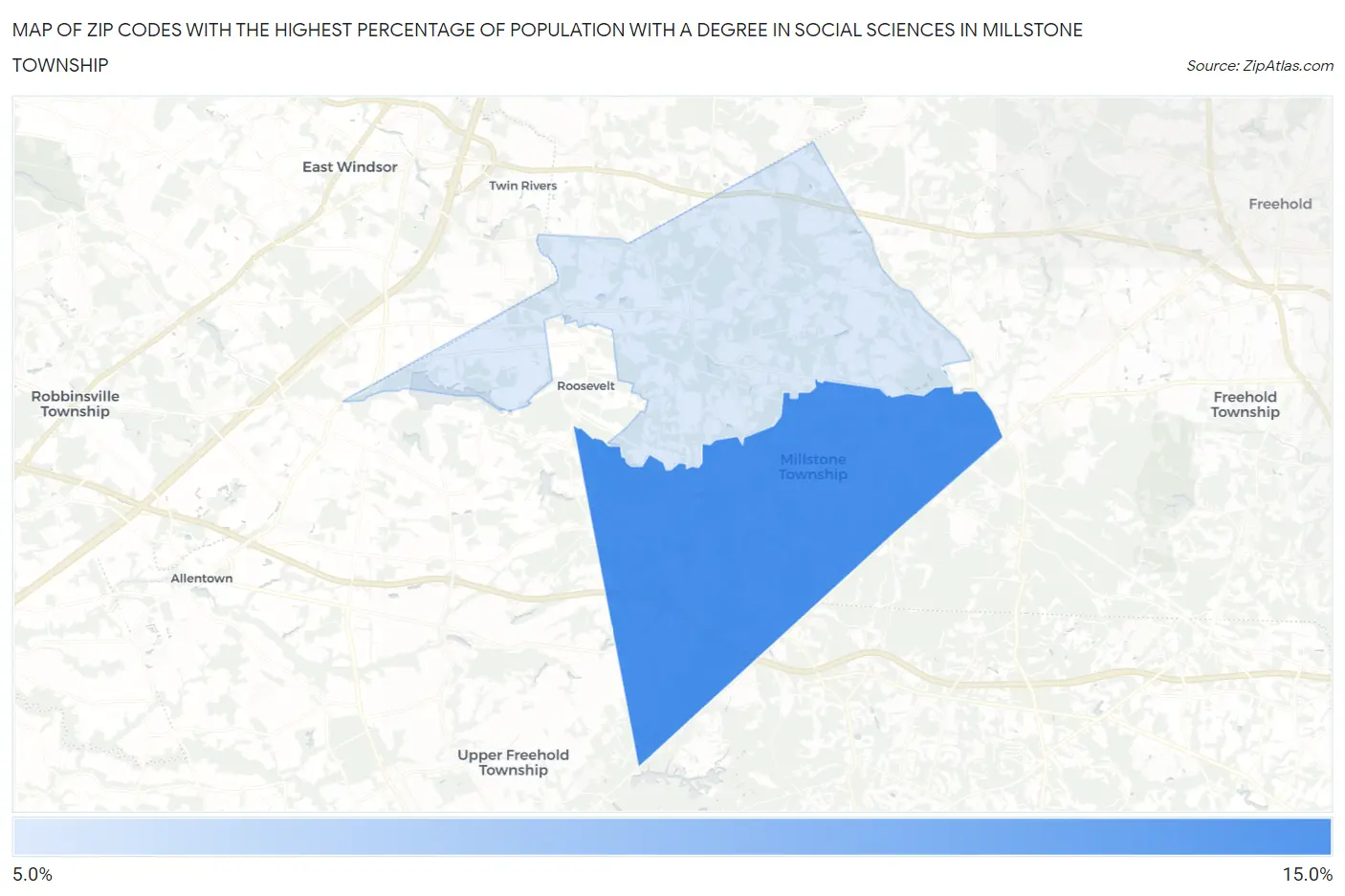 Zip Codes with the Highest Percentage of Population with a Degree in Social Sciences in Millstone Township Map