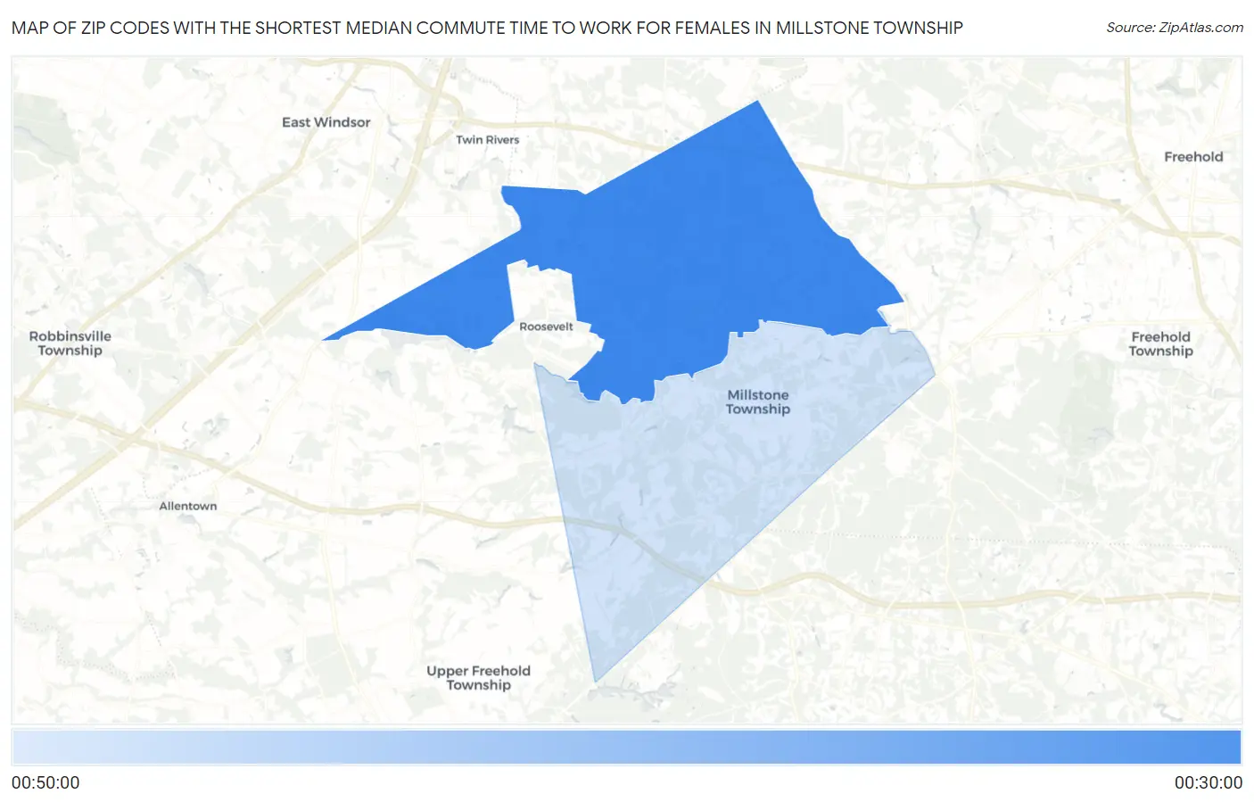Zip Codes with the Shortest Median Commute Time to Work for Females in Millstone Township Map