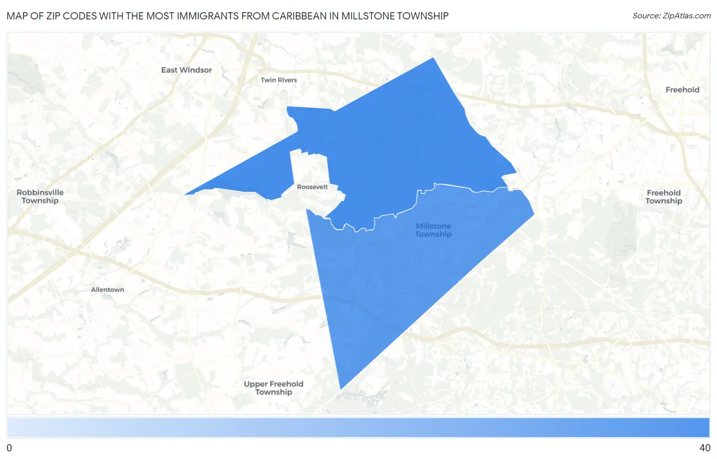 Zip Codes with the Most Immigrants from Caribbean in Millstone Township Map