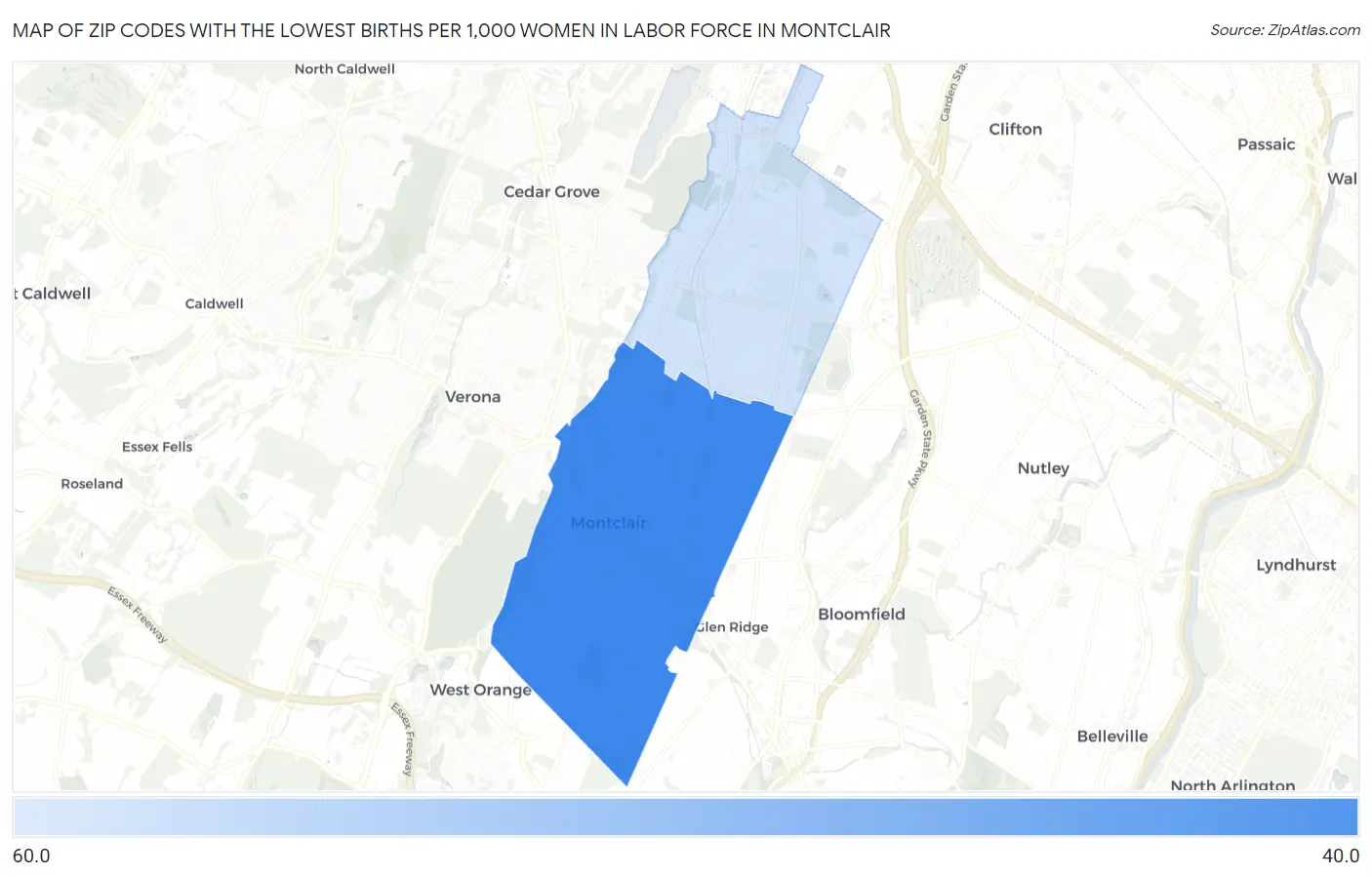 Zip Codes with the Lowest Births per 1,000 Women in Labor Force in Montclair Map