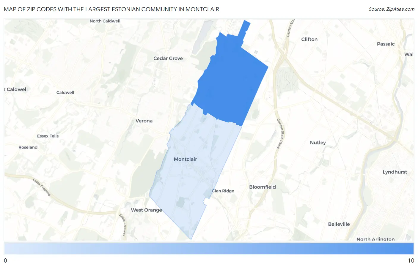 Zip Codes with the Largest Estonian Community in Montclair Map