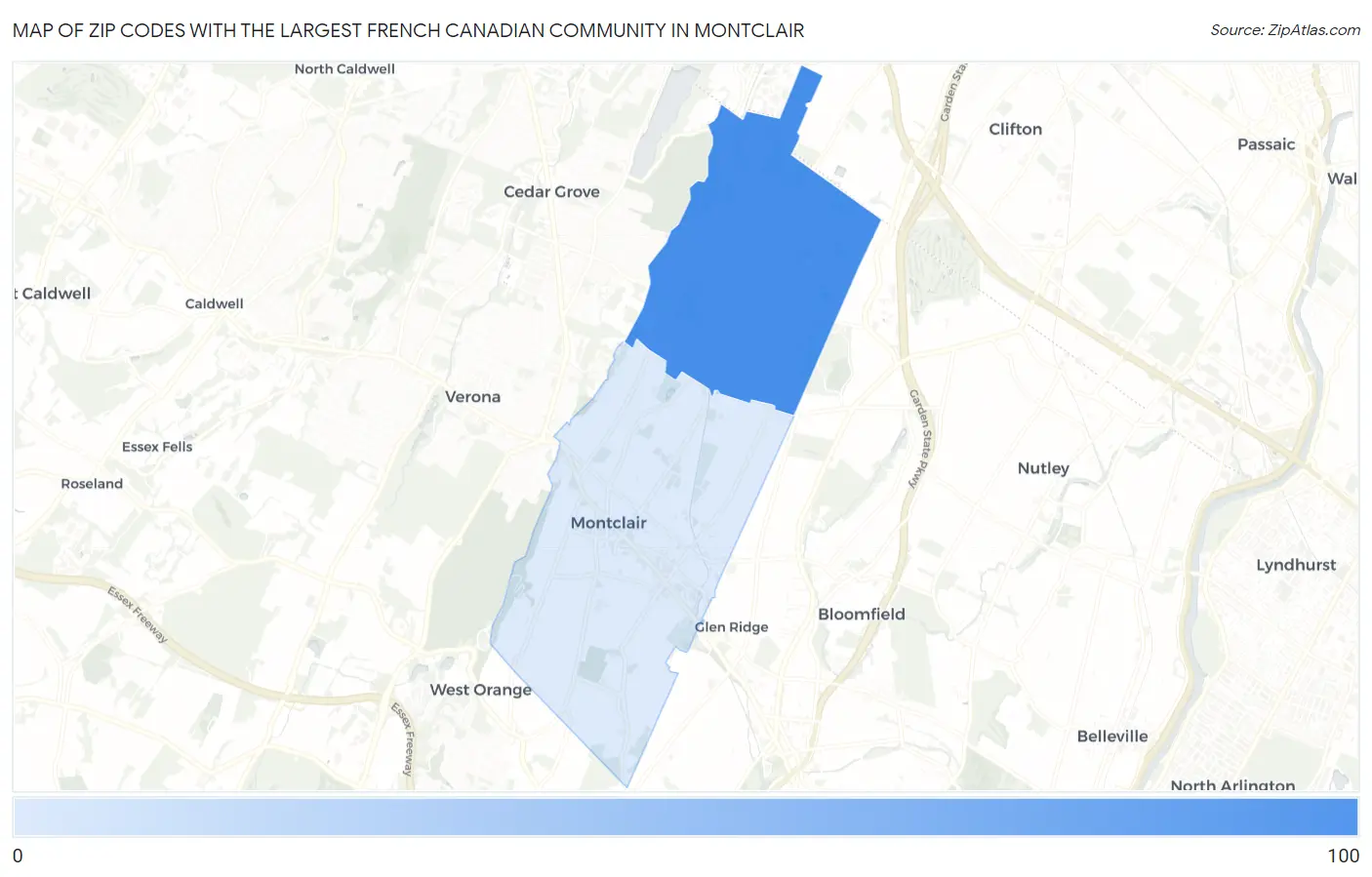 Zip Codes with the Largest French Canadian Community in Montclair Map