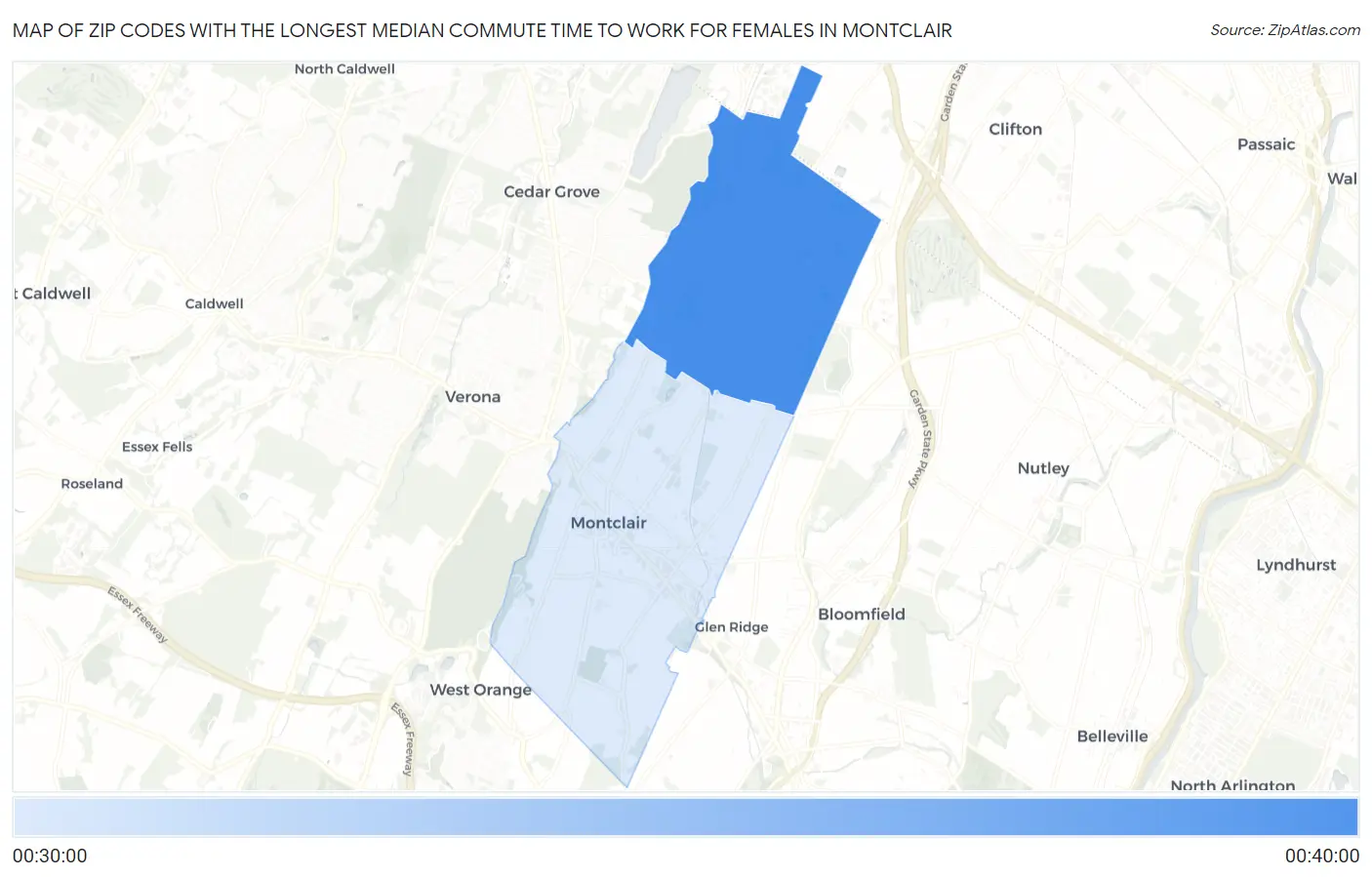 Zip Codes with the Longest Median Commute Time to Work for Females in Montclair Map