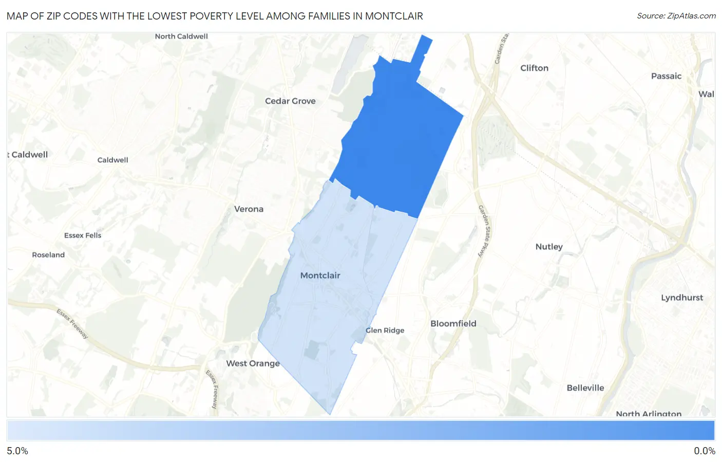Zip Codes with the Lowest Poverty Level Among Families in Montclair Map