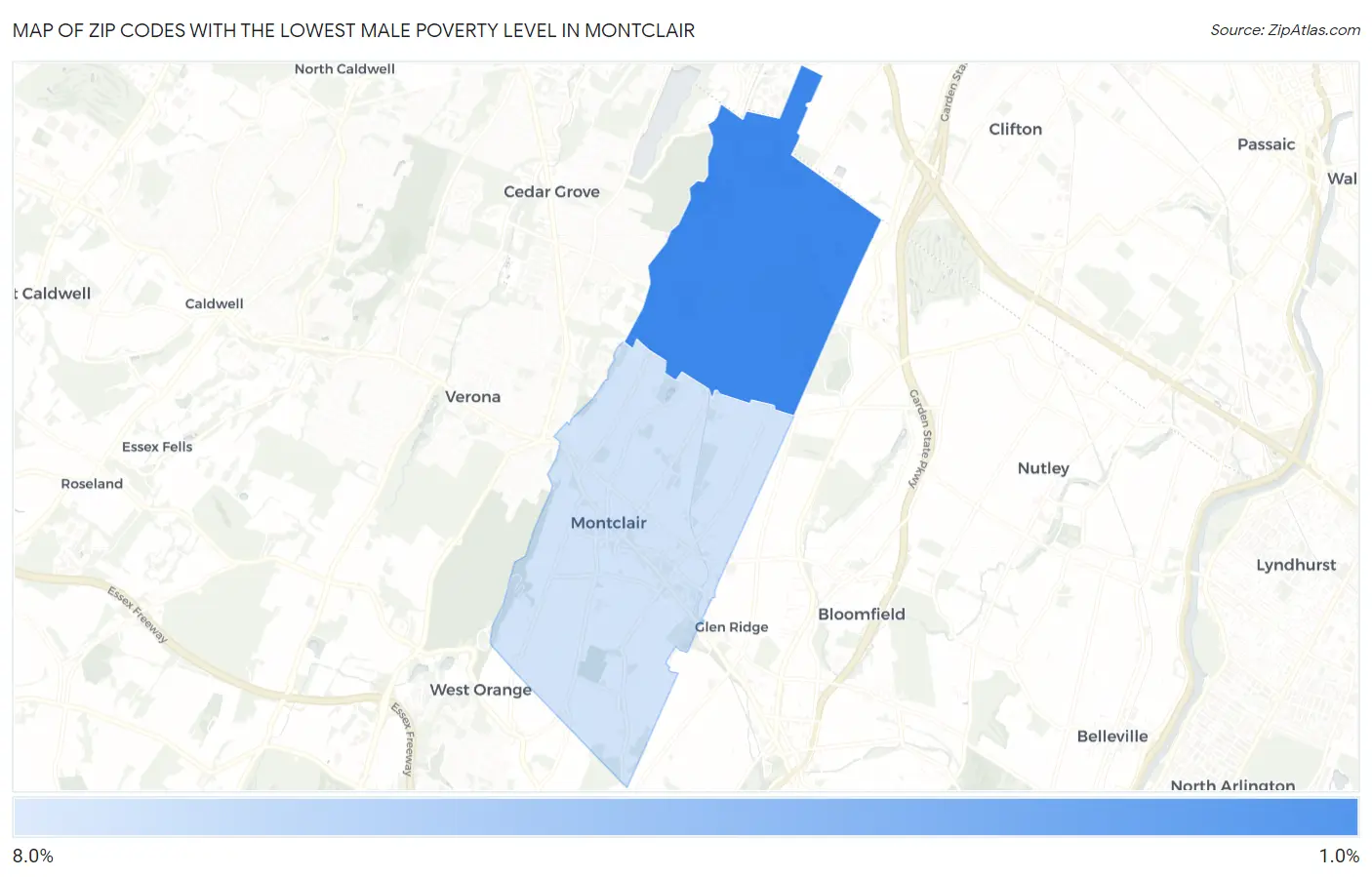 Zip Codes with the Lowest Male Poverty Level in Montclair Map