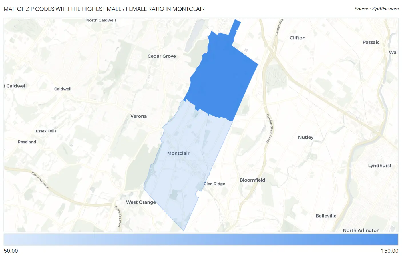 Zip Codes with the Highest Male / Female Ratio in Montclair Map