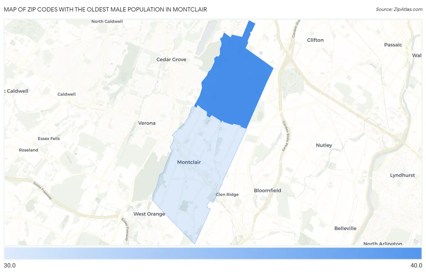 Zip Codes with the Oldest Male Population in Montclair Map