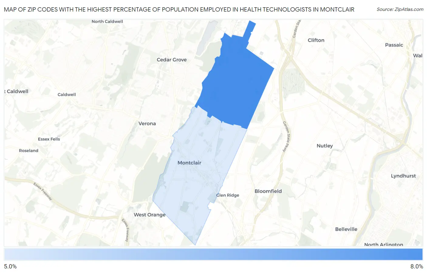 Zip Codes with the Highest Percentage of Population Employed in Health Technologists in Montclair Map