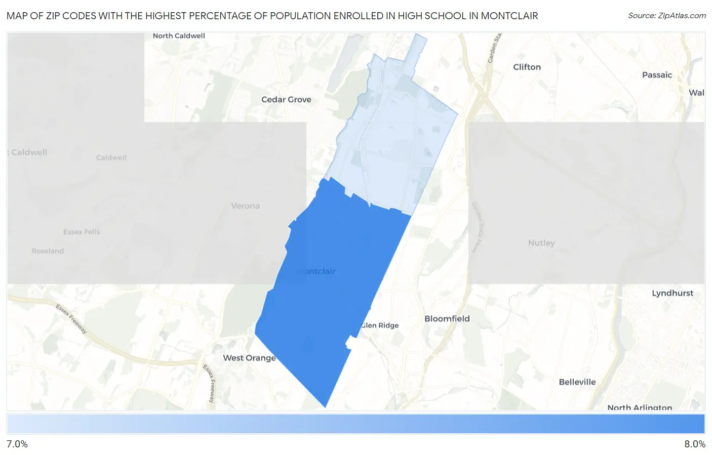 Zip Codes with the Highest Percentage of Population Enrolled in High School in Montclair Map