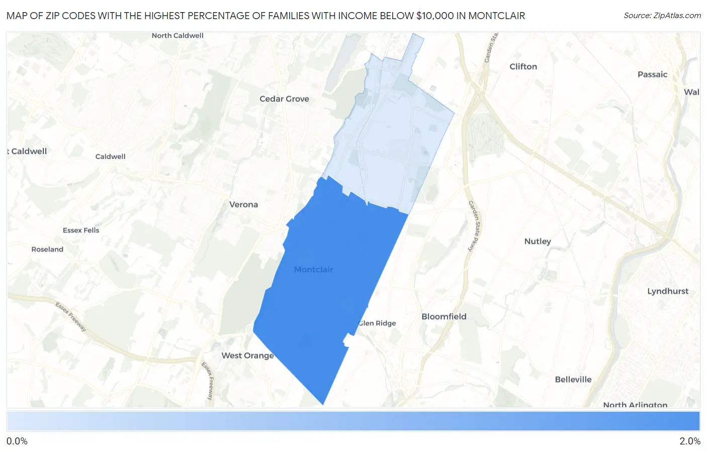 Zip Codes with the Highest Percentage of Families with Income Below $10,000 in Montclair Map