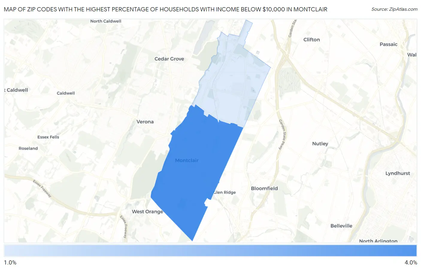 Zip Codes with the Highest Percentage of Households with Income Below $10,000 in Montclair Map