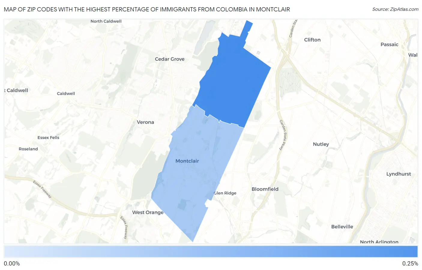 Zip Codes with the Highest Percentage of Immigrants from Colombia in Montclair Map