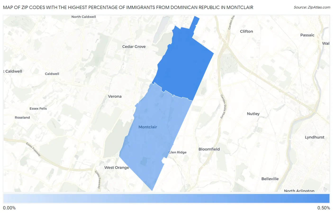 Zip Codes with the Highest Percentage of Immigrants from Dominican Republic in Montclair Map