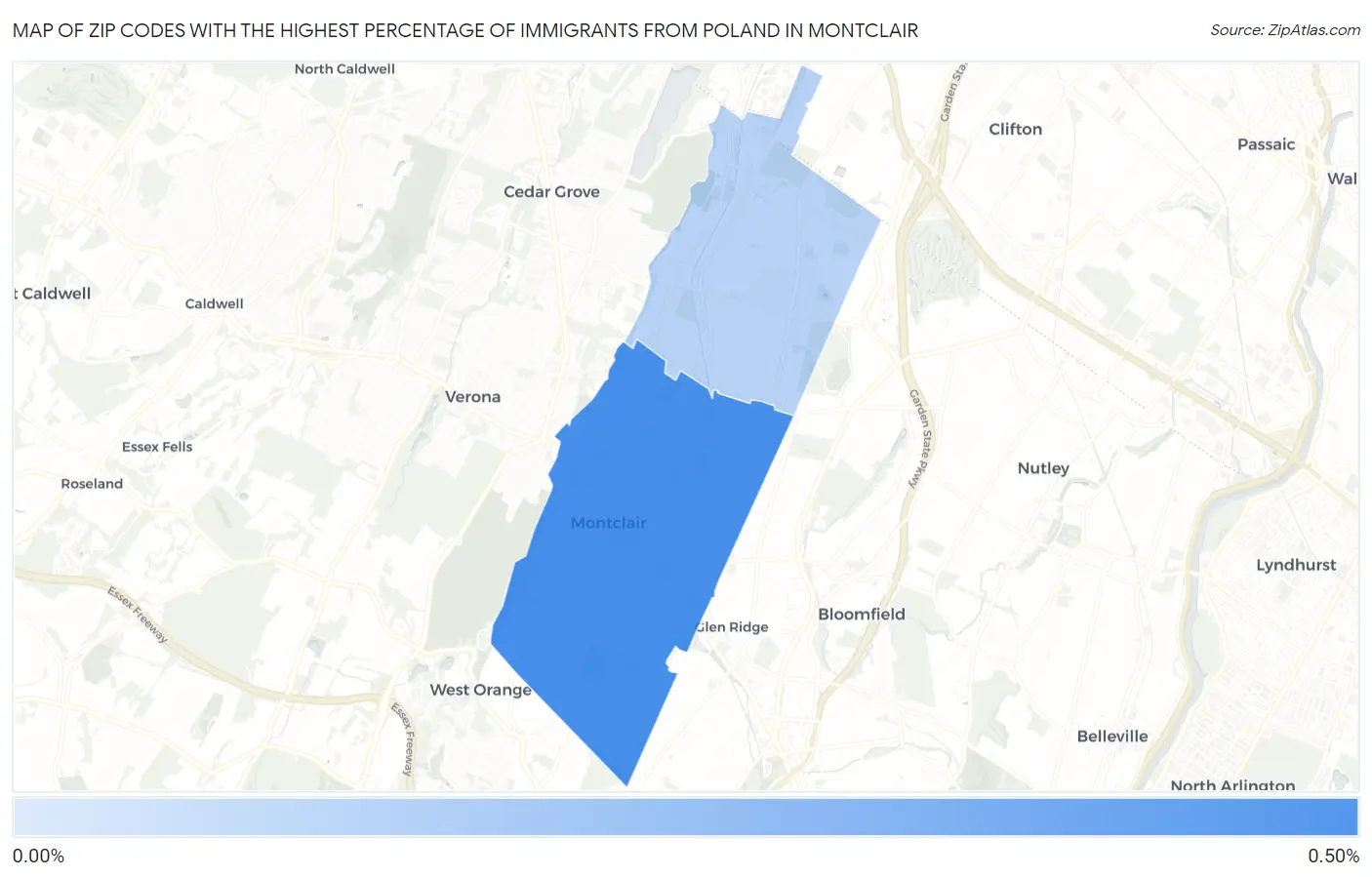 Zip Codes with the Highest Percentage of Immigrants from Poland in Montclair Map