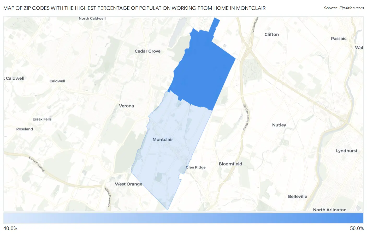 Zip Codes with the Highest Percentage of Population Working from Home in Montclair Map