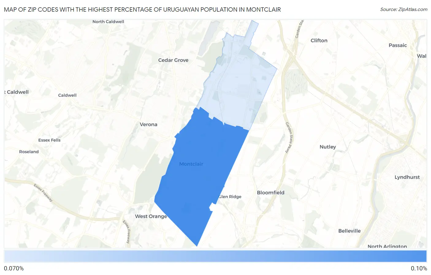 Zip Codes with the Highest Percentage of Uruguayan Population in Montclair Map