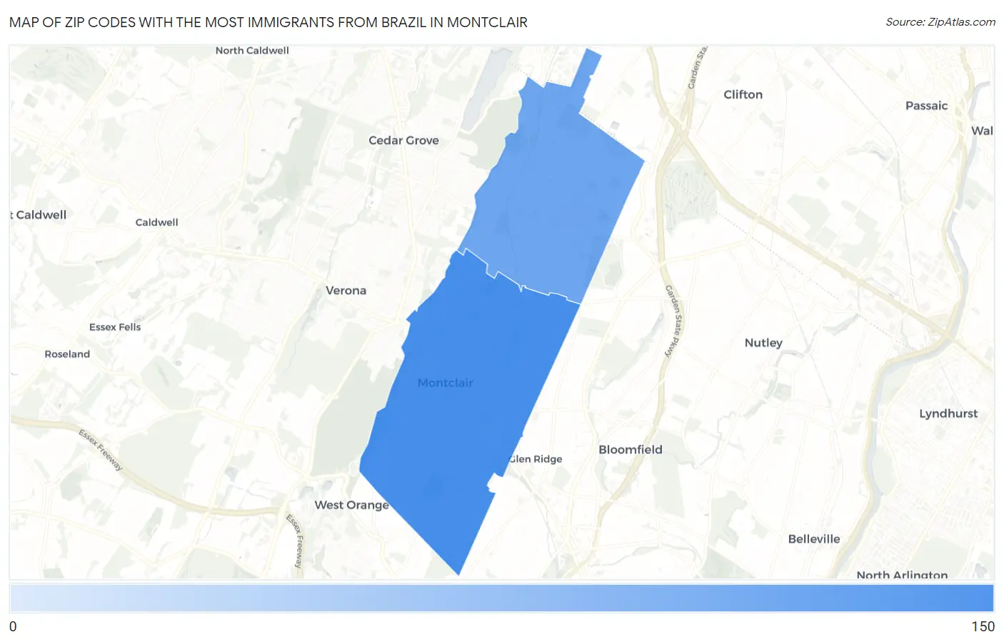 Zip Codes with the Most Immigrants from Brazil in Montclair Map