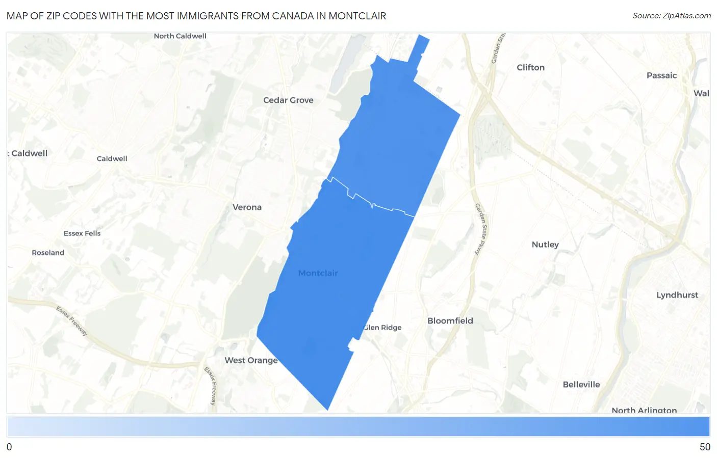 Zip Codes with the Most Immigrants from Canada in Montclair Map