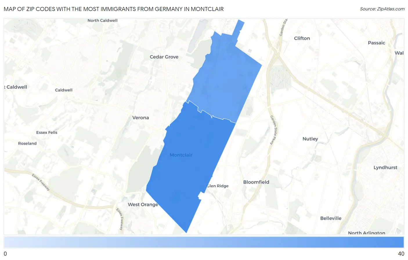 Zip Codes with the Most Immigrants from Germany in Montclair Map