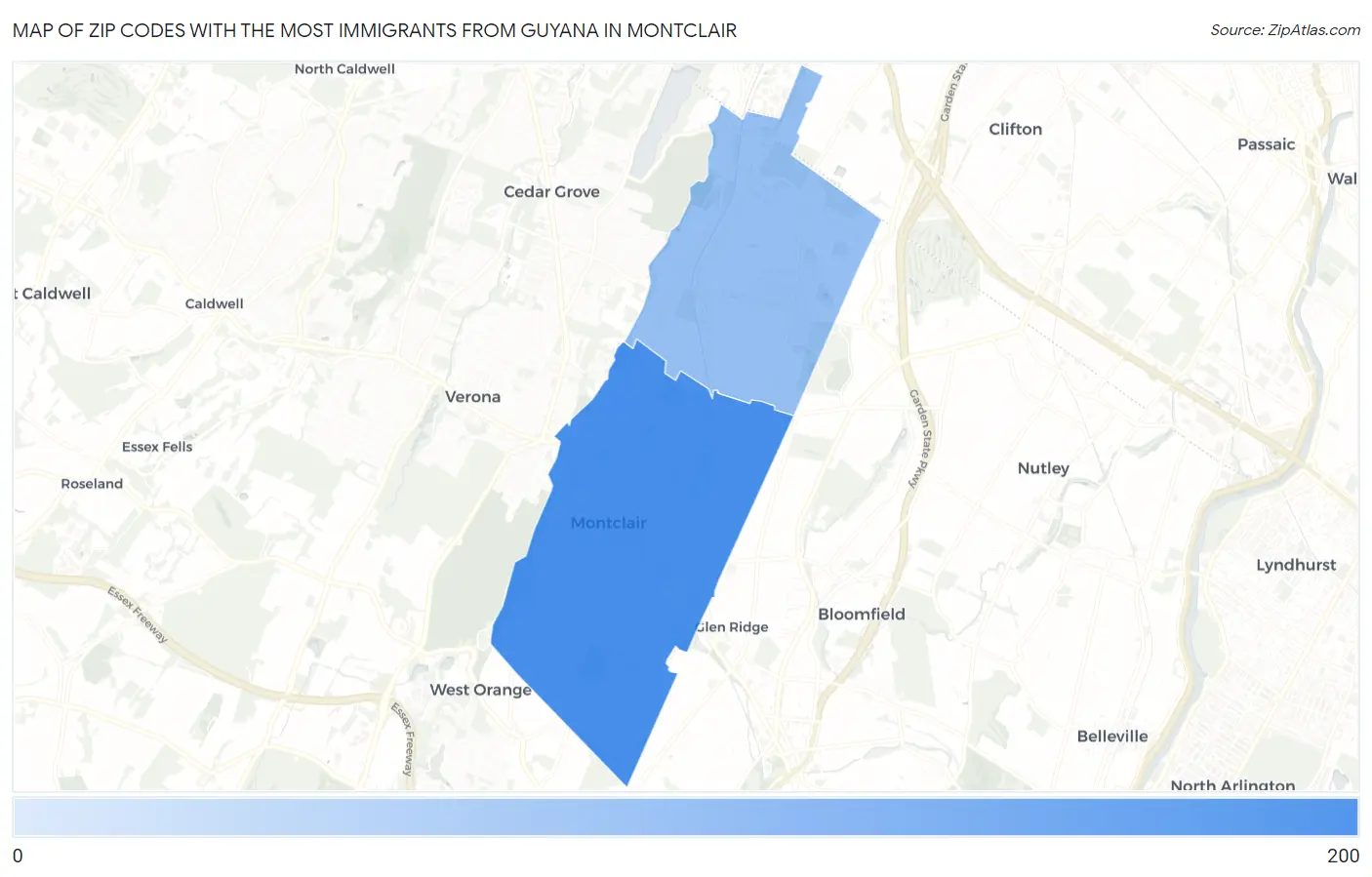 Zip Codes with the Most Immigrants from Guyana in Montclair Map