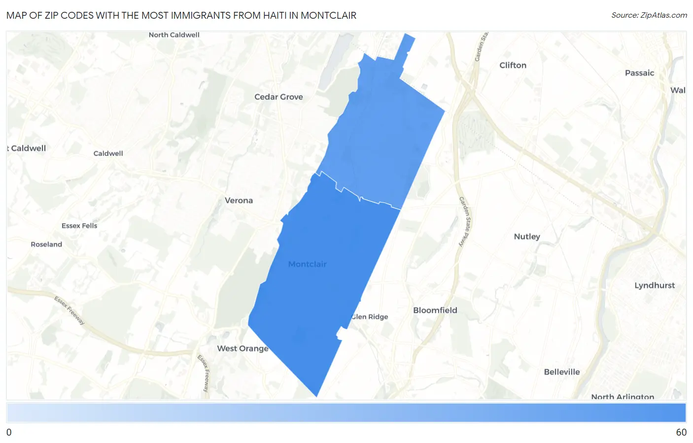 Zip Codes with the Most Immigrants from Haiti in Montclair Map