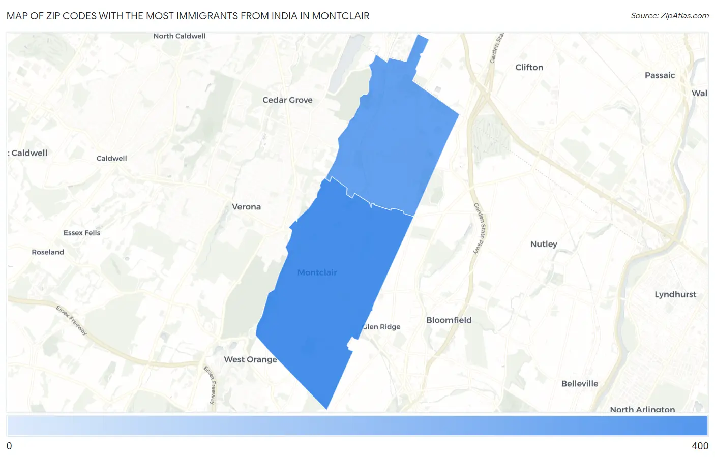 Zip Codes with the Most Immigrants from India in Montclair Map