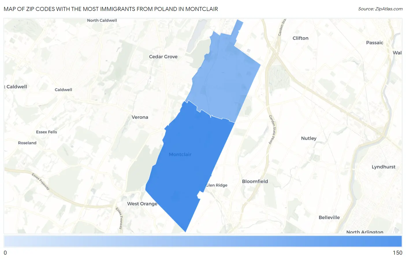 Zip Codes with the Most Immigrants from Poland in Montclair Map