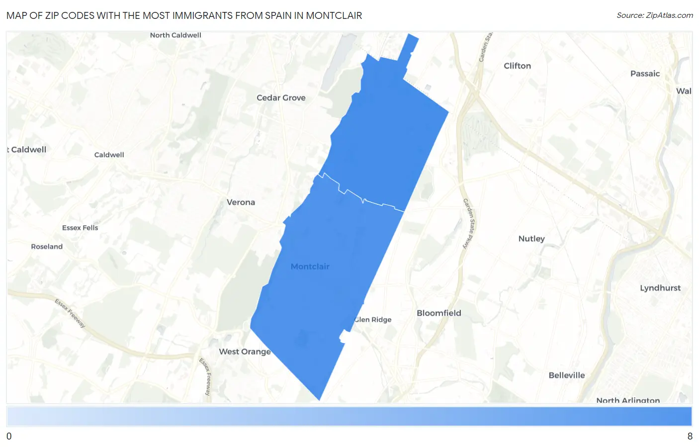 Zip Codes with the Most Immigrants from Spain in Montclair Map