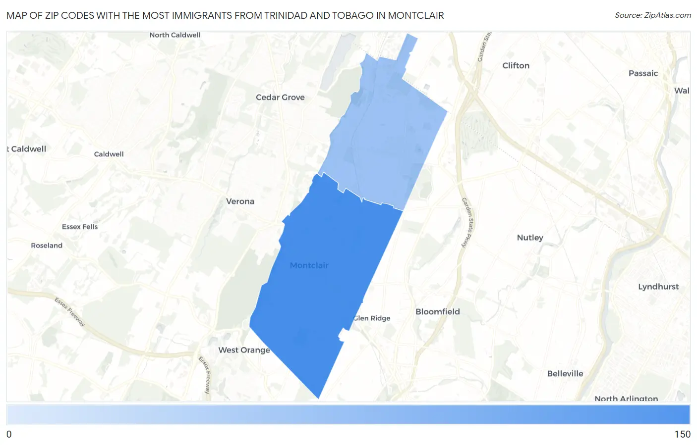 Zip Codes with the Most Immigrants from Trinidad and Tobago in Montclair Map