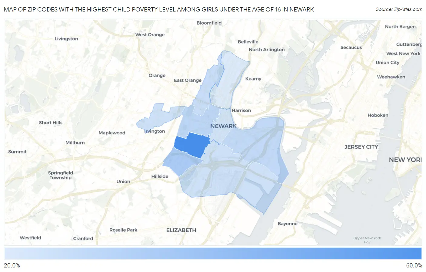 Zip Codes with the Highest Child Poverty Level Among Girls Under the Age of 16 in Newark Map