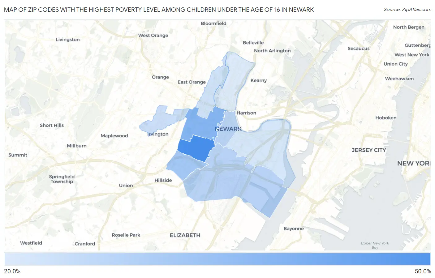 Zip Codes with the Highest Poverty Level Among Children Under the Age of 16 in Newark Map