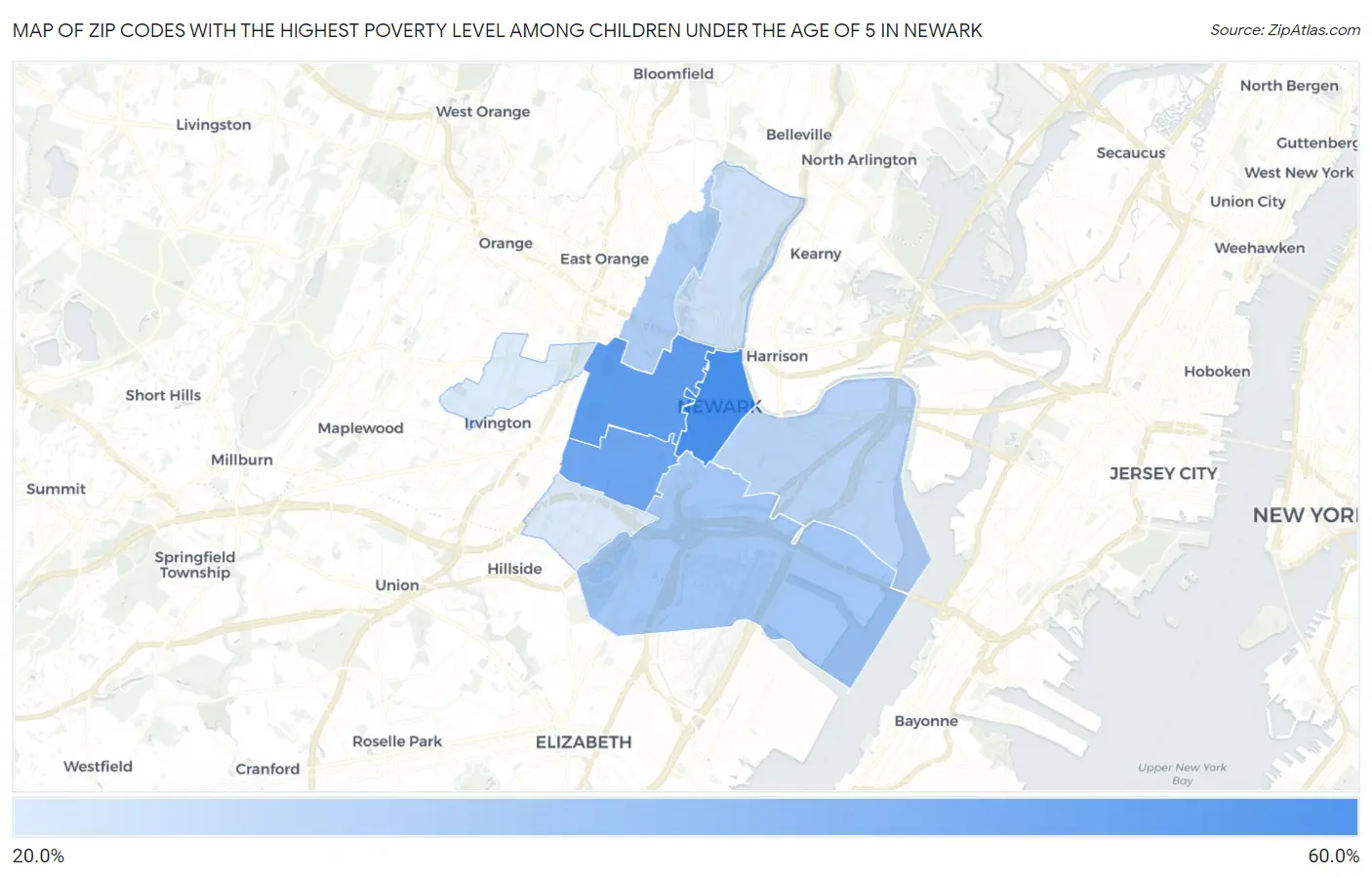 Zip Codes with the Highest Poverty Level Among Children Under the Age of 5 in Newark Map