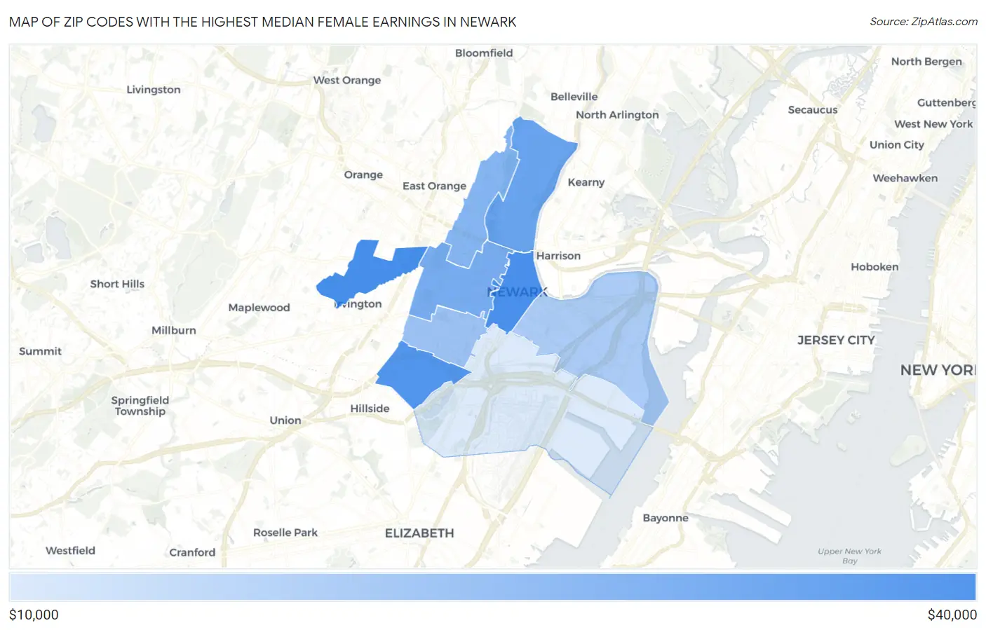 Zip Codes with the Highest Median Female Earnings in Newark Map