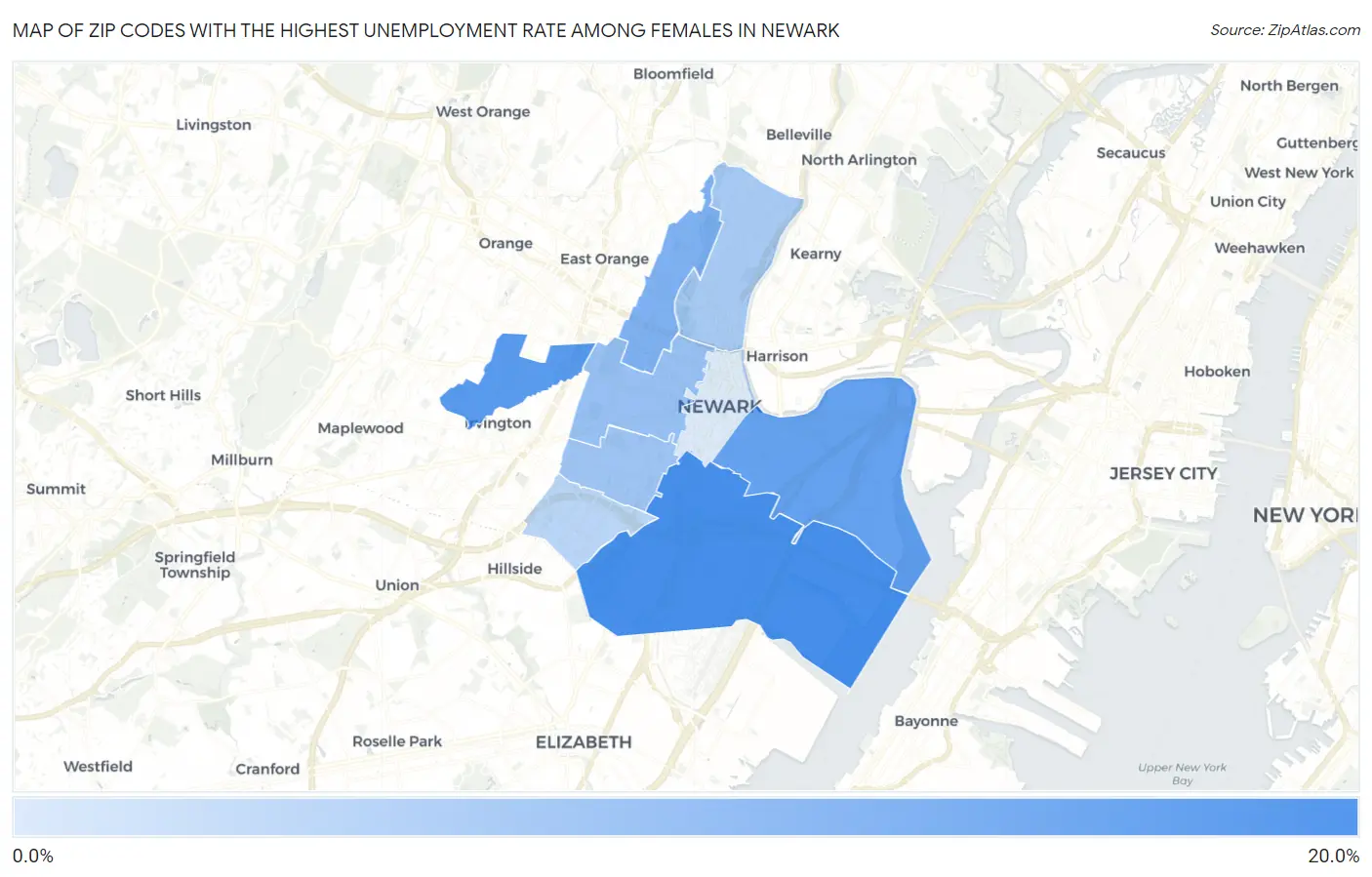 Zip Codes with the Highest Unemployment Rate Among Females in Newark Map