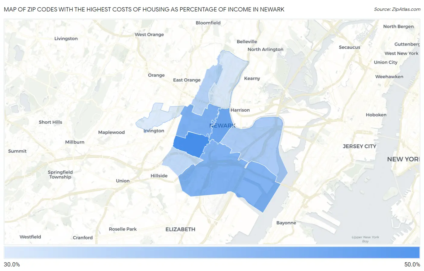 Zip Codes with the Highest Costs of Housing as Percentage of Income in Newark Map