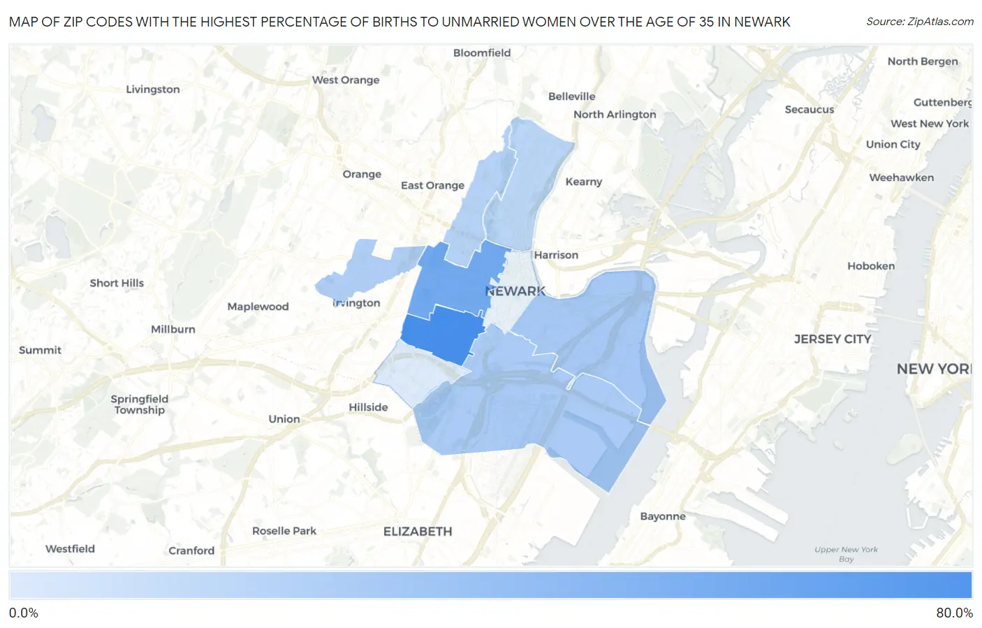 Zip Codes with the Highest Percentage of Births to Unmarried Women over the Age of 35 in Newark Map